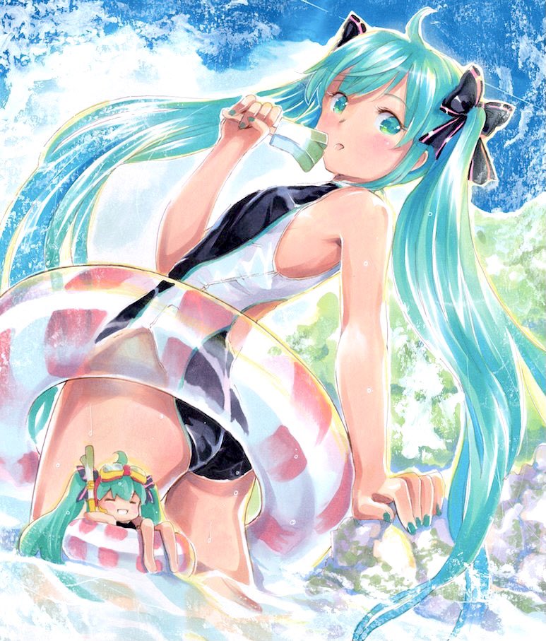 2girls ahoge aqua_eyes aqua_hair aqua_nails arm_rest chibi_miku_(mayo_riyo) commentary day food from_behind grin hair_ribbon hatsune_miku holding holding_food innertube long_hair looking_back mayo_riyo minigirl multiple_girls nail_polish one-piece_swimsuit outdoors polka_dot_innertube popsicle ribbon rock scuba sitting smile spring_onion striped striped_ribbon swimsuit twintails two-tone_swimsuit very_long_hair vocaloid