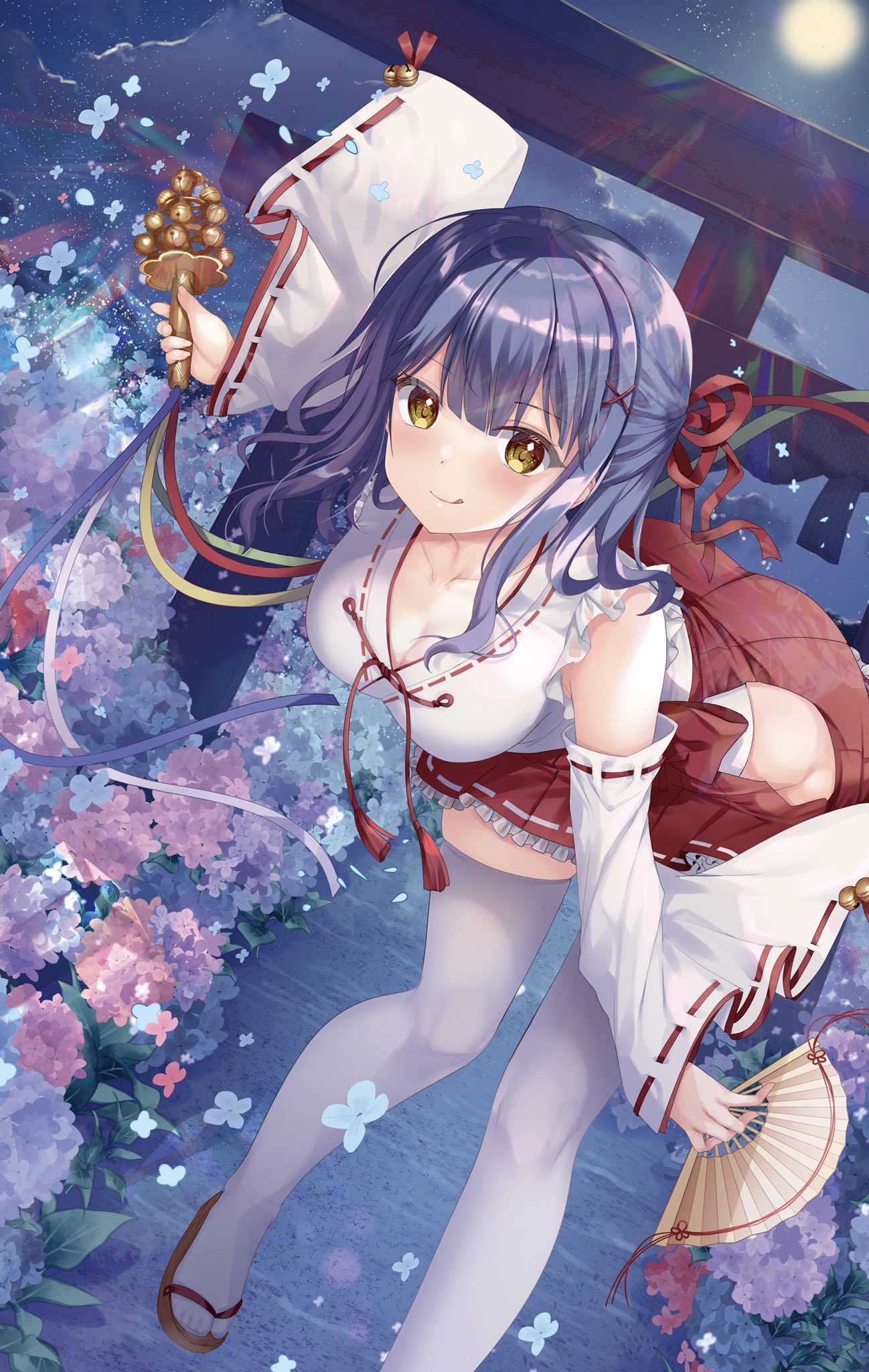 1girl :p bell blue_hair breasts fan flower hair_ribbon highres hydrangea japanese_clothes jingle_bell kagura_suzu kneehighs large_breasts long_hair looking_at_viewer miko moon original petals ribbon sandals sousouman thighs tongue tongue_out torii yellow_eyes