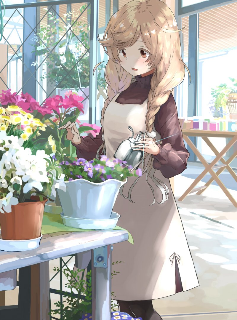 1girl beige_dress black_legwear braid brown_eyes brown_sweater commission dress flower gradient_hair jewelry kantai_collection light_brown_hair long_hair long_sleeves matsutani minegumo_(kancolle) multicolored_hair official_alternate_costume outdoors pinafore_dress plant potted_plant ring solo standing sweater table twin_braids watering_can wedding_band