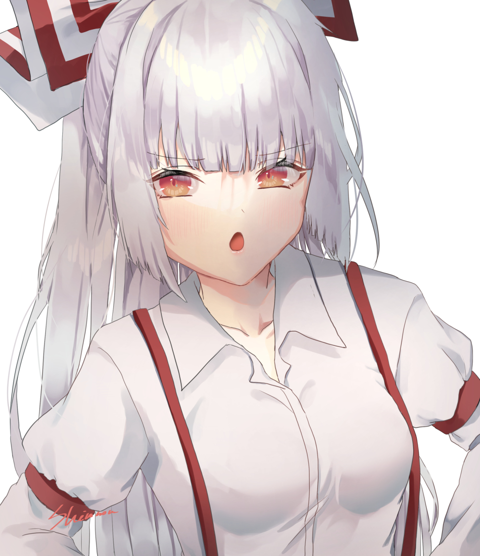 1girl :o arm_belt artist_name bangs blunt_bangs bow breasts collarbone commentary_request commission eyebrows_visible_through_hair fujiwara_no_mokou hair_bow hands_on_hips juliet_sleeves light_blush long_hair long_sleeves looking_at_viewer medium_breasts open_mouth ponytail puffy_sleeves red_bow red_eyes shiromoru_(yozakura_rety) shirt signature silver_hair simple_background skeb_commission solo touhou two-tone_bow upper_body very_long_hair white_background white_bow white_shirt wing_collar