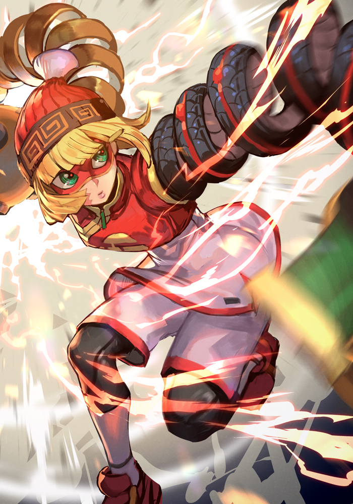 1girl arms_(game) bangs beanie blonde_hair blunt_bangs chinese_clothes domino_mask dragon dragon_(arms) facepaint food gloves green_eyes hankuri hat hankuri knit_hat leggings legwear_under_shorts mask megawatt_(arms) min_min_(arms) noodles short_hair shorts simple_background solo super_smash_bros.