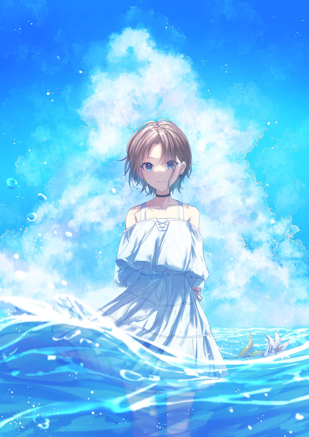 1girl arms_behind_back asakura_tooru black_choker blue_eyes blue_sky choker closed_mouth clouds collarbone commentary_request dress earrings eyebrows_visible_through_hair feet_out_of_frame flower grey_hair highres idolmaster idolmaster_shiny_colors jewelry looking_at_viewer off-shoulder_dress off_shoulder outdoors partially_submerged purple_flower shiohari_kanna short_hair sky smile solo water watermark white_dress