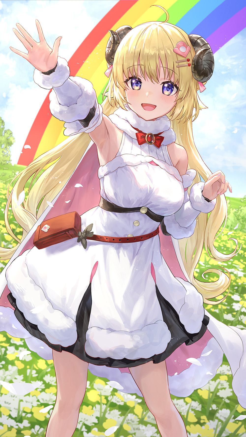 1girl :d ahoge animal_ears armpits bag bangs blonde_hair blue_sky blush breasts clouds commentary curled_horns day detached_sleeves dress eyebrows_visible_through_hair field flower flower_field guchico hair_ornament hairclip highres hololive horns long_hair looking_at_viewer medium_breasts open_mouth outdoors outstretched_arm rainbow sheep_ears sheep_girl sheep_horns sky sleeveless sleeveless_dress smile solo standing tsunomaki_watame very_long_hair violet_eyes virtual_youtuber