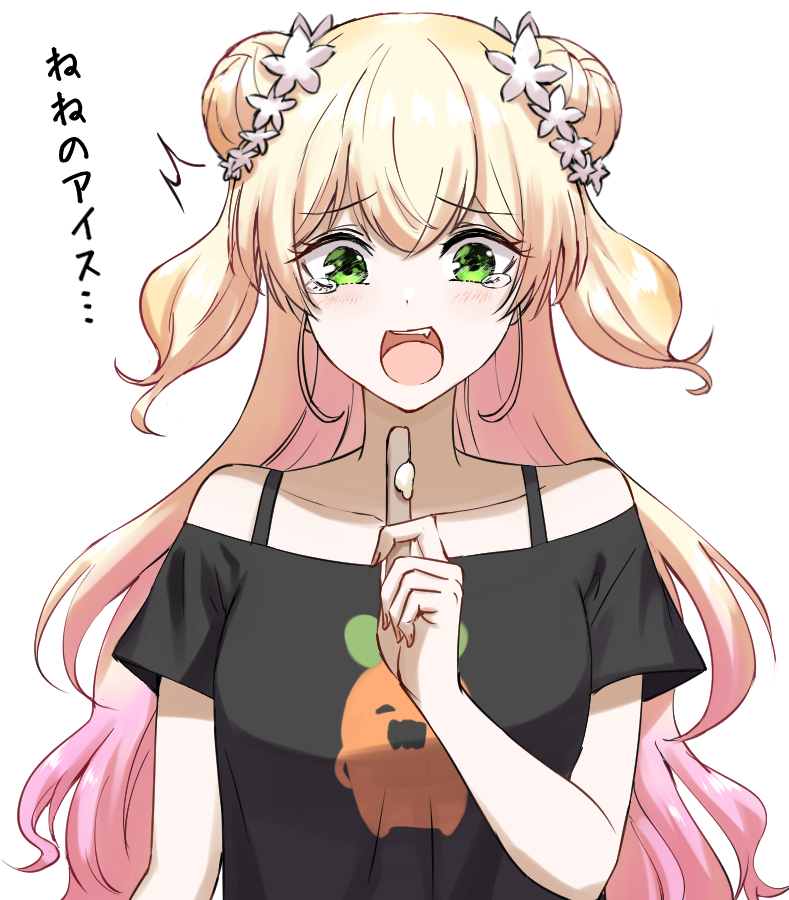 1girl blonde_hair bra_strap collarbone double_bun fang flower gradient_hair green_eyes hair_flower hair_ornament hololive long_hair momosuzu_nene multicolored_hair off-shoulder_shirt off_shoulder open_mouth pink_hair shirt solo tearing_up translated two_side_up upper_body yuu201023