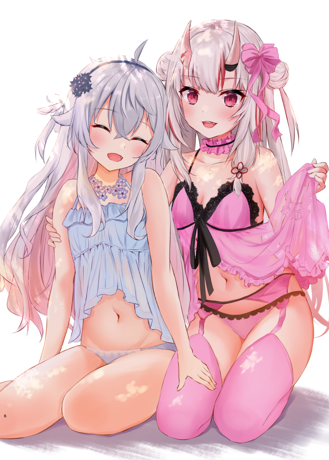 2girls :d arm_around_waist babydoll babydoll_lift bangs bare_arms bare_shoulders blue_panties breasts choker closed_eyes collarbone commentary_request double_bun ex_idol eyebrows_visible_through_hair fang frilled_choker frills garter_belt hair_between_eyes hand_on_another's_thigh hand_up highres hololive horns kagura_nana long_hair looking_at_viewer midriff multicolored_hair multiple_girls nakiri_ayame nanakagu_karatou_ch navel oni oni_horns open_mouth panties pink_choker pink_legwear pink_panties red_eyes redhead see-through silver_hair simple_background sitting small_breasts smile streaked_hair thigh-highs underwear virtual_youtuber white_background white_hair wrist_cuffs