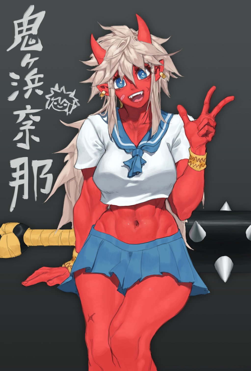 1girl abs bandaid blue_eyes blue_skirt bracelet club colored_skin earrings fangs highres horns jewelry looking_at_viewer muscular muscular_female nana_onigama navel octorypo oni oni_horns open_mouth pointy_ears ponytail red_skin sailor_collar scar scar_on_face shirt skirt smile weapon white_hair white_shirt