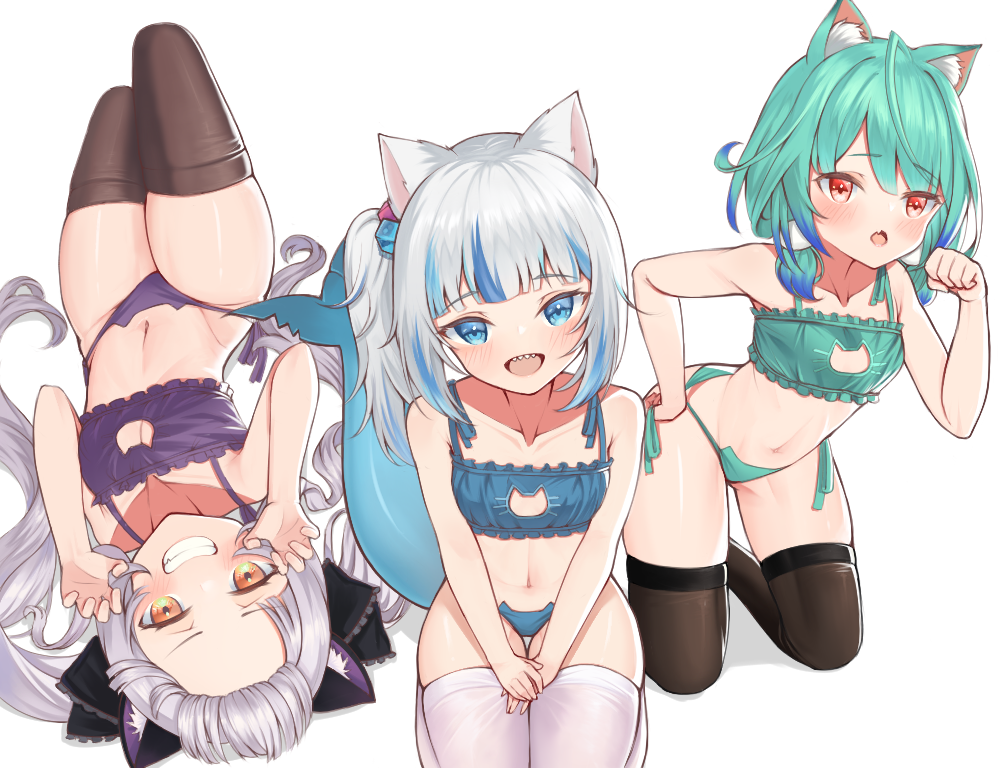 3girls animal_ears bangs black_legwear black_ribbon blue_bra blue_eyes blue_hair blue_panties blunt_bangs blush bra cat_cutout cat_ear_panties cat_ears cat_lingerie claw_pose cleavage_cutout clothing_cutout collarbone eyebrows_visible_through_hair fang fish_tail flat_chest frilled_bra frills gawr_gura green_bra green_hair green_panties hair_ornament hair_ribbon hololive long_hair looking_at_viewer lying maru039 meme_attire multicolored_hair multiple_girls murasaki_shion navel on_back open_mouth panties paw_pose purple_bra purple_panties red_eyes ribbon seiza shark_tail sharp_teeth short_hair side-tie_panties silver_hair simple_background sitting skindentation smile streaked_hair tail teeth thigh-highs twintails underwear underwear_only uruha_rushia virtual_youtuber white_background white_legwear yellow_eyes