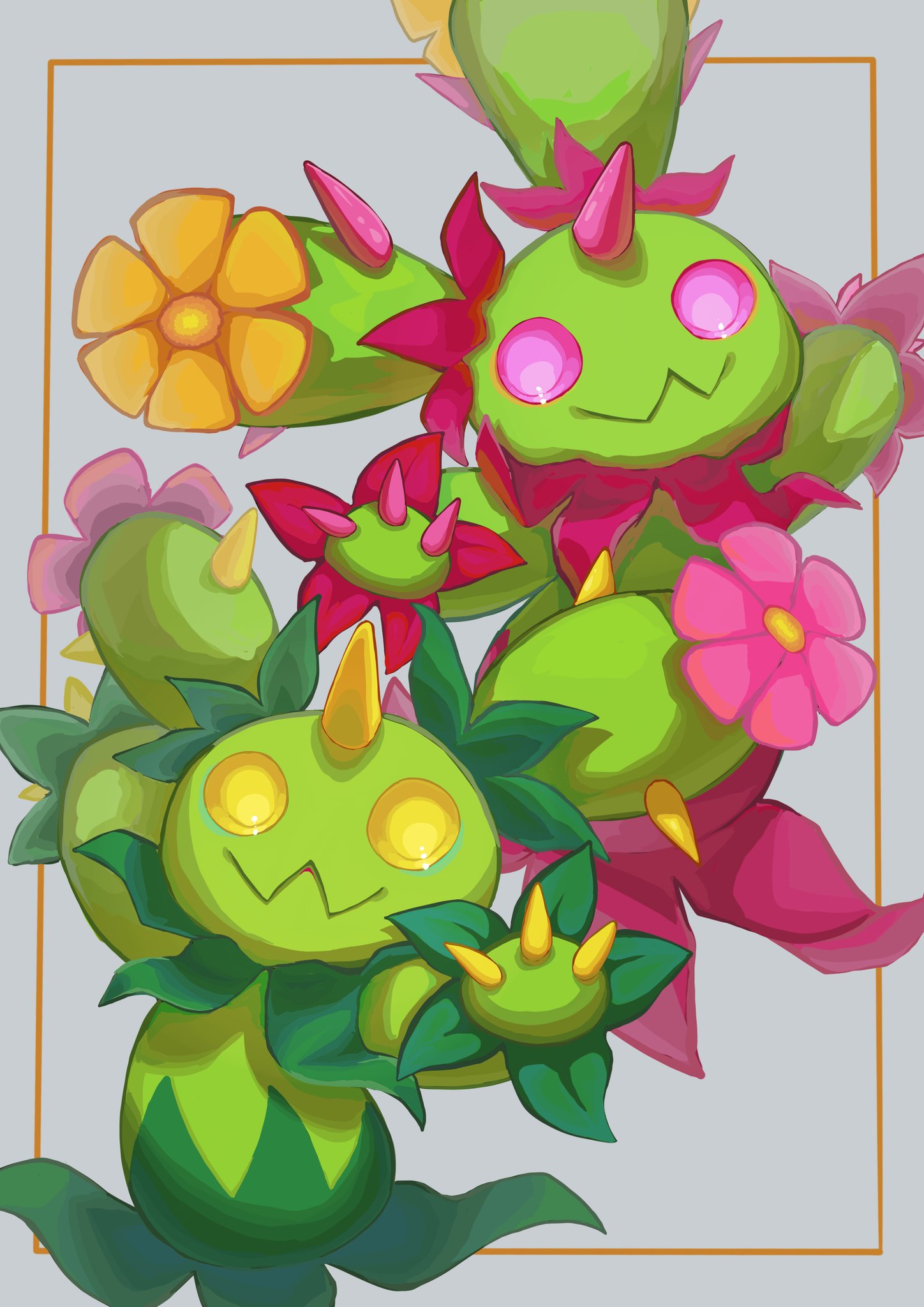 alternate_color claws closed_mouth flower framed gen_5_pokemon grey_background highres leaf looking_at_viewer maractus nashimochi_4 no_humans orange_flower pink_eyes pink_flower pokemon pokemon_(creature) shiny_pokemon simple_background smile spikes yellow_eyes