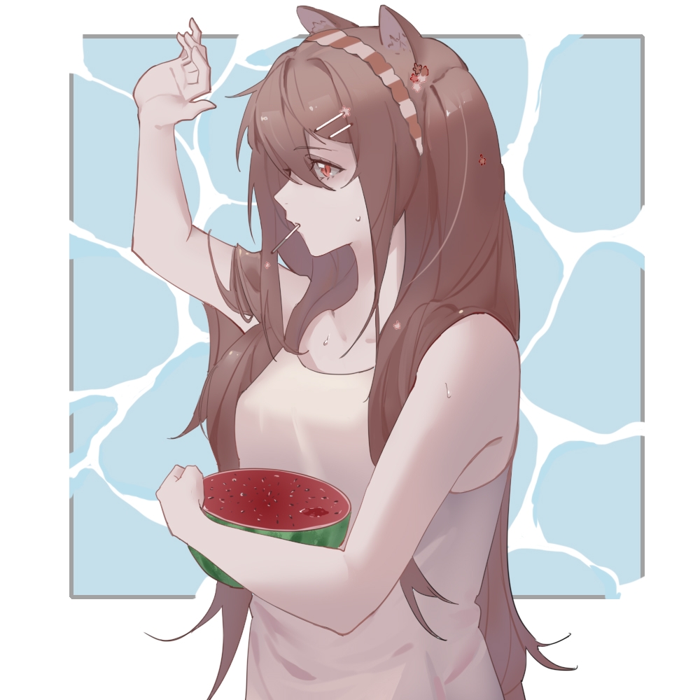 1girl angelina_(arknights) animal_ears arknights breasts brown_hair food fox_ears from_side fruit gaosiyuan666 hairband hand_up holding holding_food holding_fruit long_hair mouth_hold shirt small_breasts solo tank_top upper_body very_long_hair watermelon white_shirt