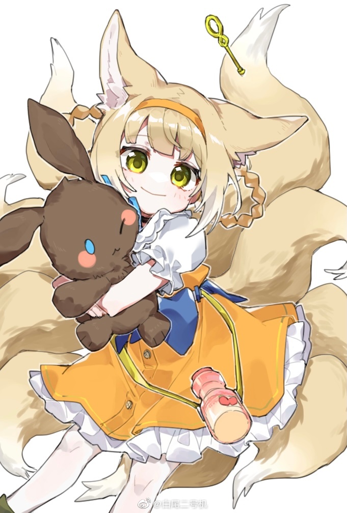 1girl alternate_costume animal_ears arknights baiwei_er_hao_ji bottle braid bubble_wand dress feet_out_of_frame fox_ears fox_girl fox_tail frilled_dress frills green_eyes hairband kitsune kyuubi looking_at_viewer multiple_tails object_hug orange_hairband pantyhose short_hair simple_background smile solo stuffed_animal stuffed_bunny stuffed_toy suzuran_(arknights) tail weibo_username white_background white_legwear yellow_dress