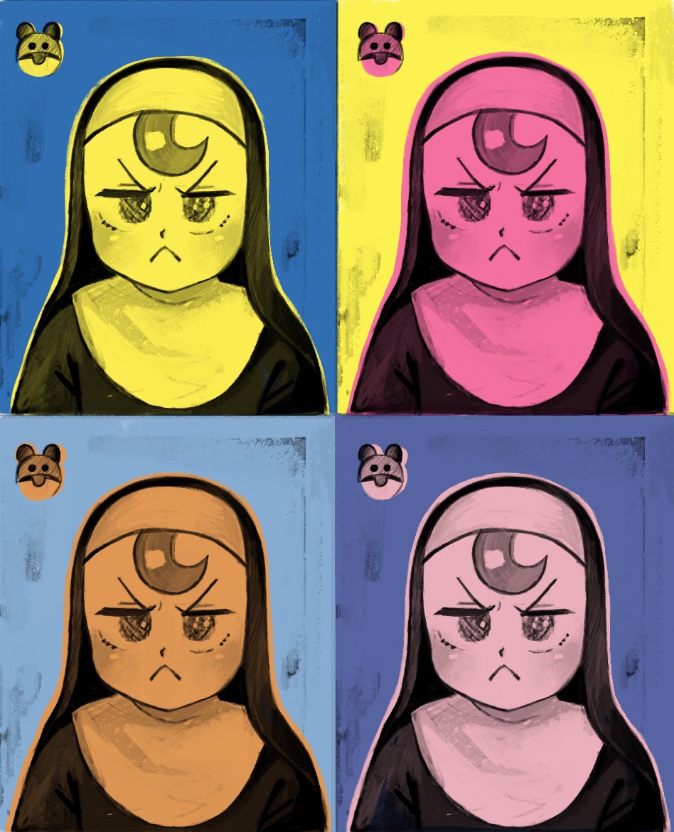 1girl :&lt; andy_warhol closed_mouth diva_(hyxpk) habit limited_palette little_nun_(diva) looking_at_viewer multiple_views nun parody pop_art style_parody upper_body v-shaped_eyebrows veil