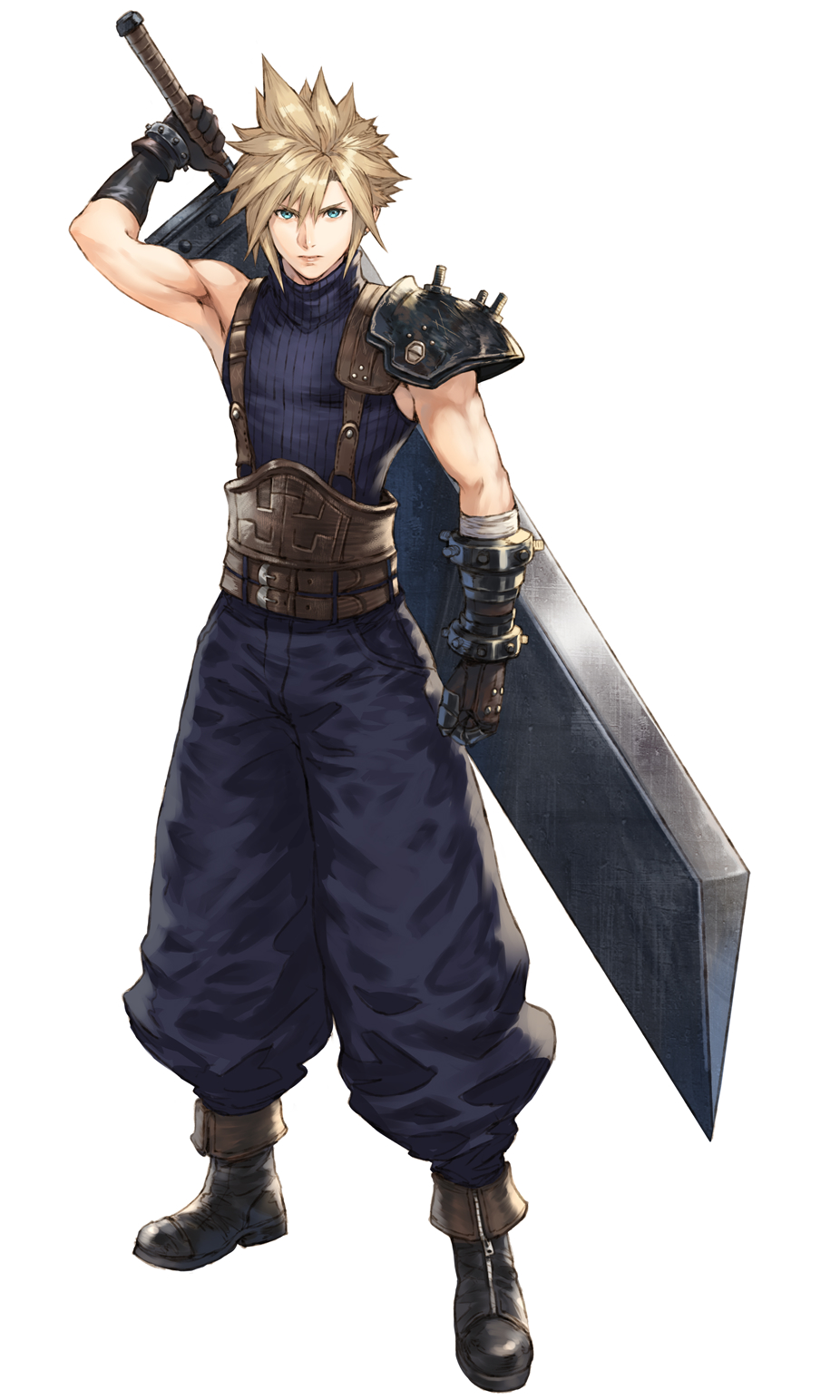 1boy armor armpits bandaged_arm bandages belt black_footwear blonde_hair brown_belt brown_gloves buster_sword clenched_hand closed_mouth cloud_strife eyebrows_visible_through_hair final_fantasy final_fantasy_vii full_body gloves green_eyes grey_background hair_between_eyes highres holding holding_sword holding_weapon huge_weapon looking_at_viewer makimura_shunsuke male_focus over_shoulder pauldrons puffy_pants scratches screw shoulder_armor simple_background single_pauldron solo spiky_hair standing sword sword_over_shoulder turtleneck weapon weapon_over_shoulder zipper zipper_pull_tab
