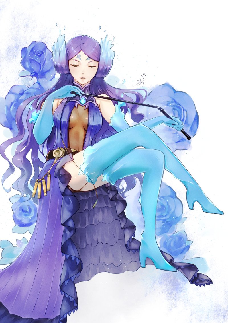 blue_fire breasts brighid_(xenoblade) center_opening closed_eyes collarbone curvy dress elbow_gloves fiery_hair fire gloves large_breasts long_hair purple_dress purple_hair simple_background smile thigh-highs uyumizyunco very_long_hair xenoblade_chronicles_(series) xenoblade_chronicles_2