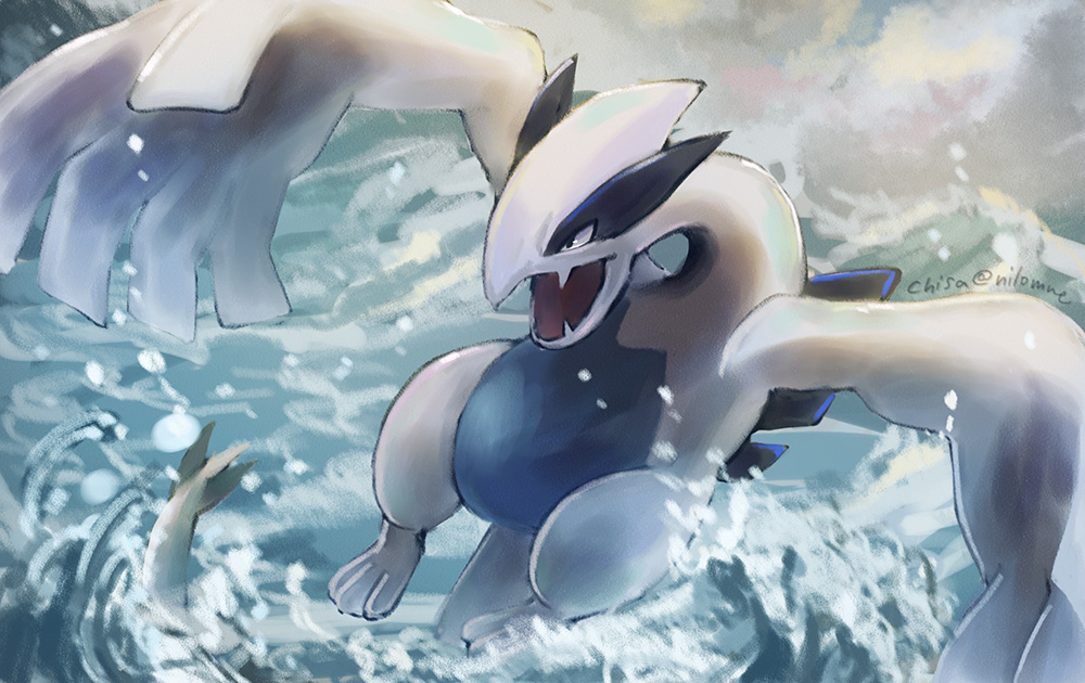 black_eyes commentary_request day fang gen_2_pokemon legendary_pokemon lugia momomo12 no_humans open_mouth outdoors pokemon pokemon_(creature) skin_fang toes tongue twitter_username water waves