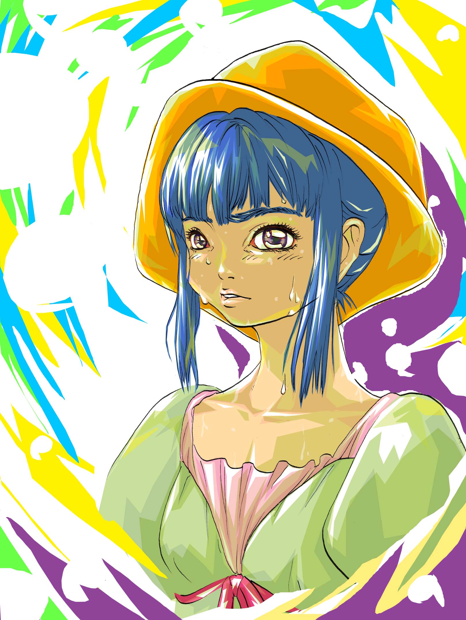 1girl bangs blue_hair collarbone dress frilled_dress frills green_dress hat highres multicolored multicolored_background original parted_lips red_ribbon ribbon shiny shiny_hair short_hair summer sweat user_80009 yellow_headwear