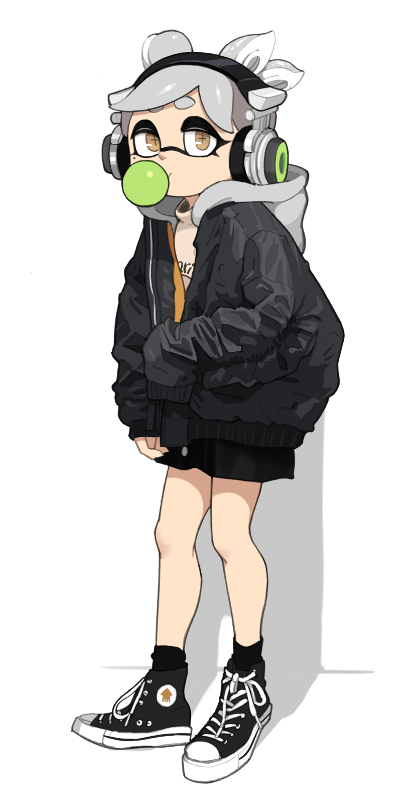 +_+ 1girl black_footwear black_legwear brown_eyes bubble_blowing chewing_gum domino_mask full_body grey_hair headphones highres hood hood_down long_sleeves marie_(splatoon) mask shadow shoes short_hair socks solo splatoon_(series) standing yuta_agc