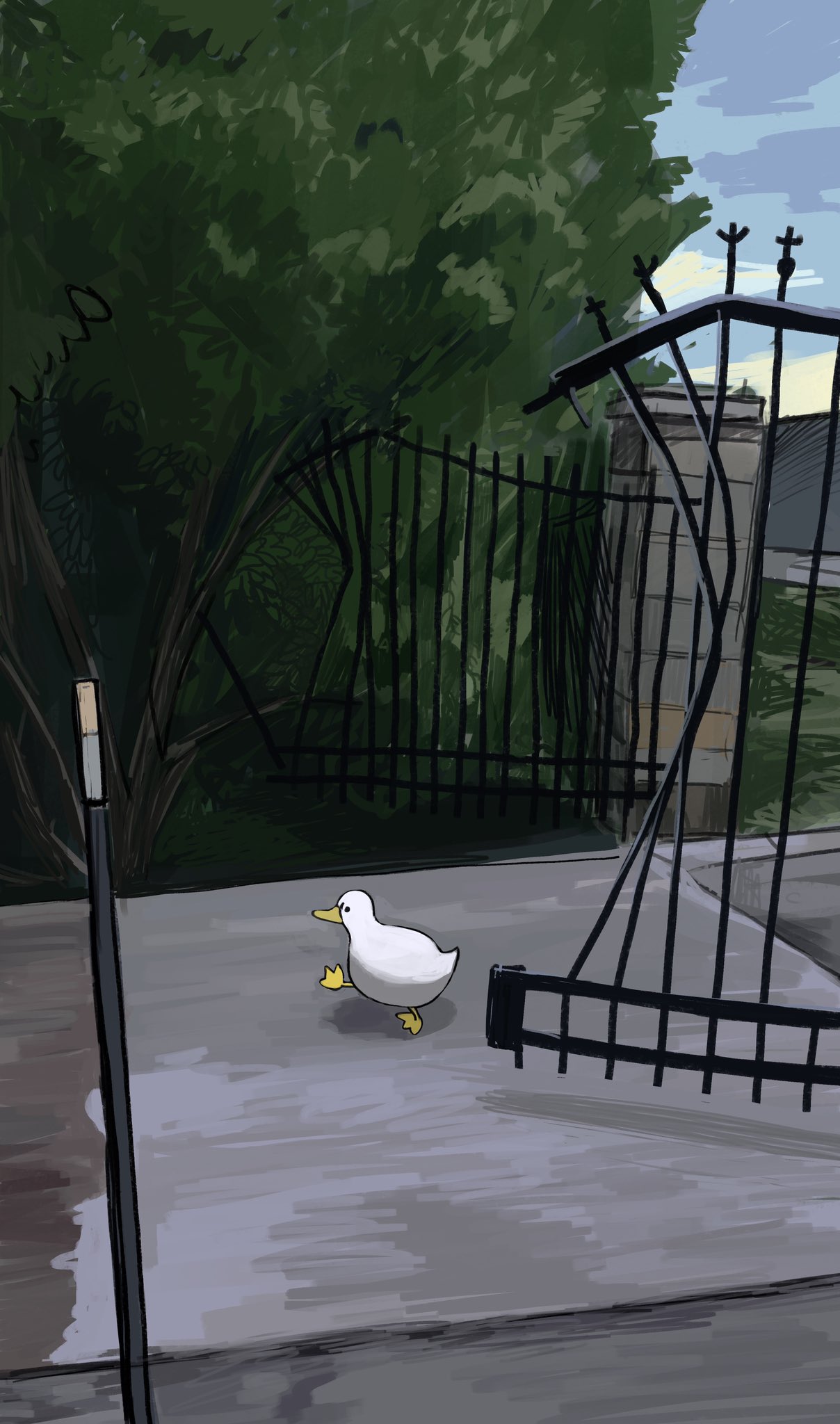 bird diva_(hyxpk) duck from_side gate highres little_nun_(diva) no_humans original outdoors tree