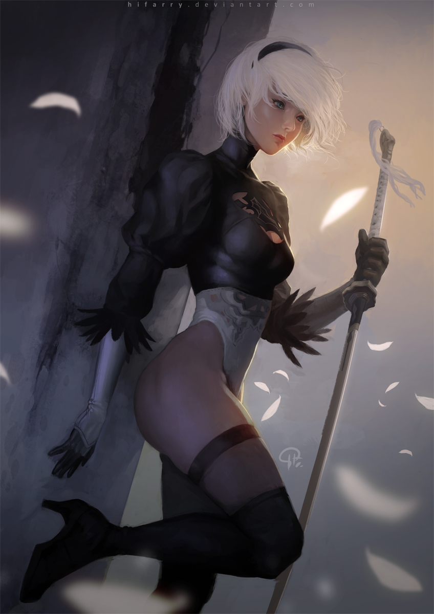 1girl against_wall black_gloves black_hairband blue_eyes boots breasts cleavage_cutout clothing_cutout english_commentary eyeliner feather-trimmed_sleeves feathers gloves hairband hifarry high_heel_boots high_heels highleg highleg_leotard highres holding holding_sword holding_weapon juliet_sleeves katana leg_up leotard long_sleeves makeup medium_breasts mole mole_under_mouth nier_(series) nier_automata no_blindfold no_pants planted planted_sword puffy_sleeves reverse_grip short_hair solo sword thick_thighs thigh-highs thighhighs_under_boots thighs vambraces virtuous_contract weapon white_hair white_leotard yorha_no._2_type_b