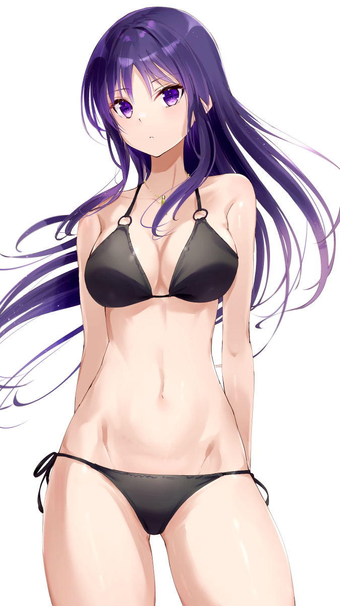 1girl arms_behind_back assault_lily bangs bikini black_bikini blunt_bangs breasts character_request cowboy_shot groin highres looking_at_viewer medium_breasts meen_(ouaughikepdvrsf) o-ring o-ring_bikini o-ring_top purple_hair simple_background solo swimsuit violet_eyes white_background