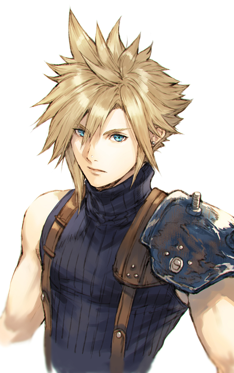 1boy armor blonde_hair blue_eyes closed_mouth cloud_strife earrings eyebrows_visible_through_hair eyes_visible_through_hair final_fantasy final_fantasy_vii gradient gradient_background hair_between_eyes highres jewelry makimura_shunsuke male_focus pauldrons screw shoulder_armor single_pauldron sketch solo spiky_hair stud_earrings turtleneck upper_body