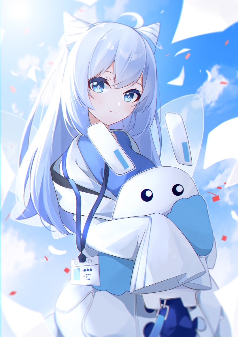 1girl ahoge blue_eyes blue_hair blue_shirt hair_cones holding_creature id_card jacket long_hair looking_at_viewer mihoyo_technology_(shanghai)_co._ltd. miyouji qingxiao_kiyokiyo shirt sleeves_past_wrists upper_body white_jacket