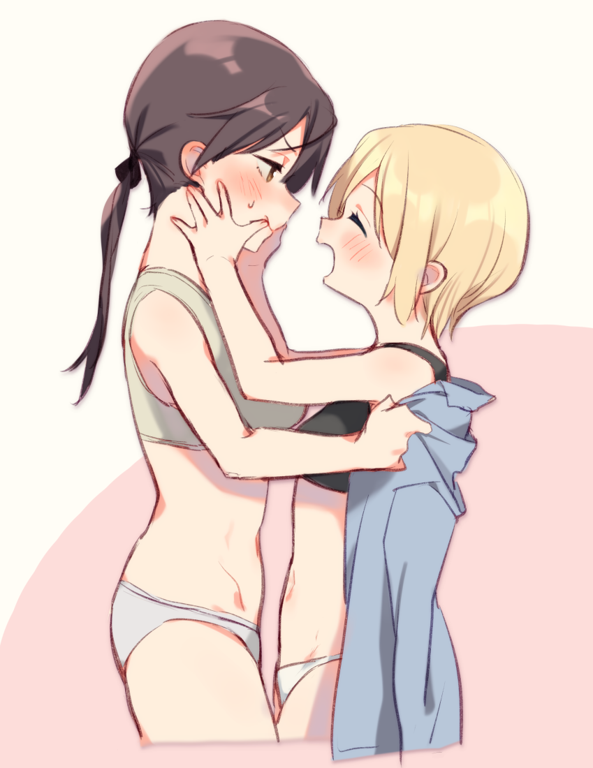 2girls blonde_hair brown_eyes brown_hair closed_eyes erica_hartmann gertrud_barkhorn hands_on_another's_face jacket kodamari light_blush long_hair looking_at_another multiple_girls navel open_mouth panties pink_background ponytail short_hair simple_background smile strike_witches tank_top underwear underwear_only white_background world_witches_series yuri
