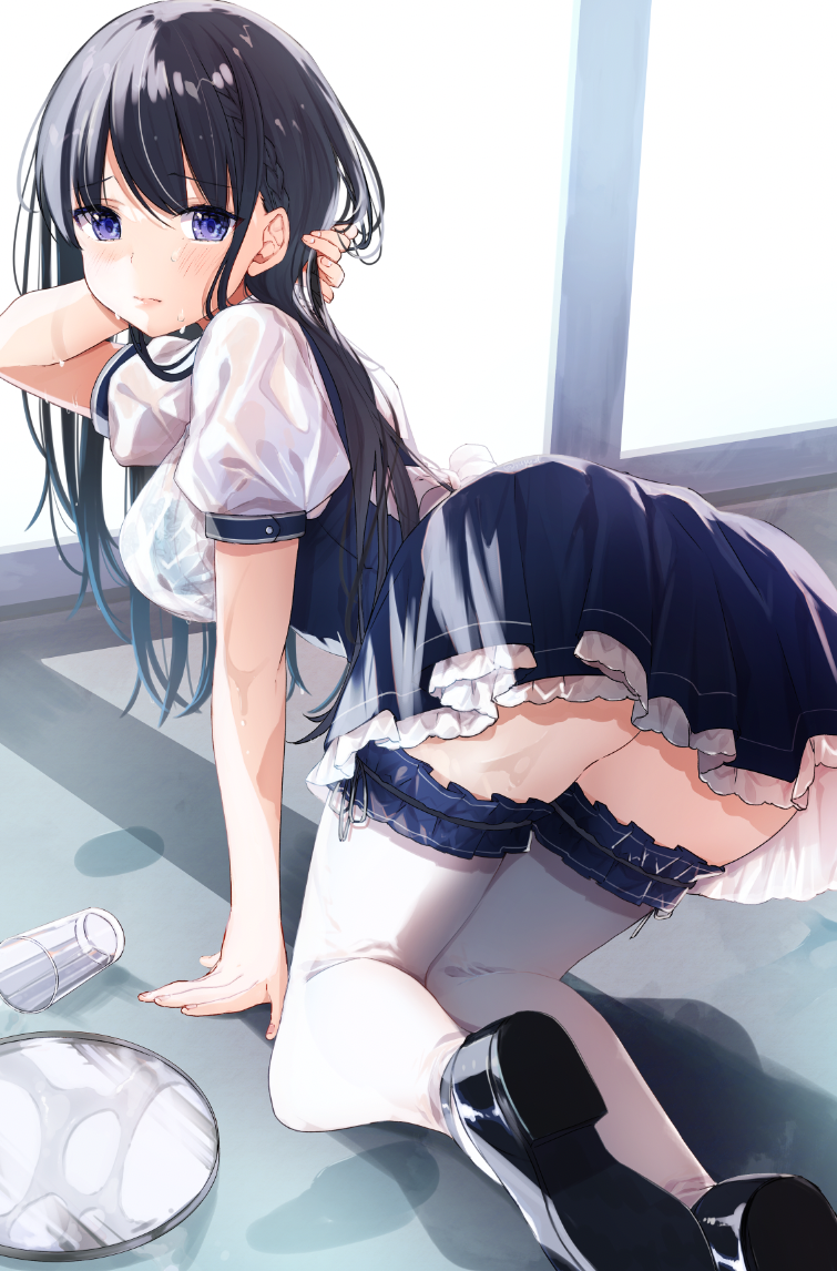 1girl all_fours arm_behind_head black_footwear black_hair blue_bra blue_eyes blush bow bra braid breasts cup dress floral_print frills frown hand_in_hair indoors long_hair looking_at_viewer looking_back maid medium_breasts original pleated_dress see-through short_sleeves solo thigh-highs tray two-tone_dress underwear wet wet_clothes wet_hair white_bow white_legwear window yu_yu