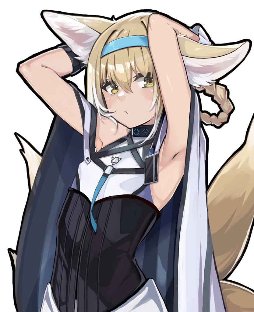 1girl animal_ears arknights arms_up black_collar black_gloves blonde_hair blue_hairband braid cloak collar dress fox_ears fox_girl fox_tail gloves hairband idashige_(walkietalkie) infection_monitor_(arknights) kitsune looking_at_viewer multiple_tails short_hair simple_background single_glove solo suzuran_(arknights) tail upper_body white_background wrist_cuffs yellow_eyes