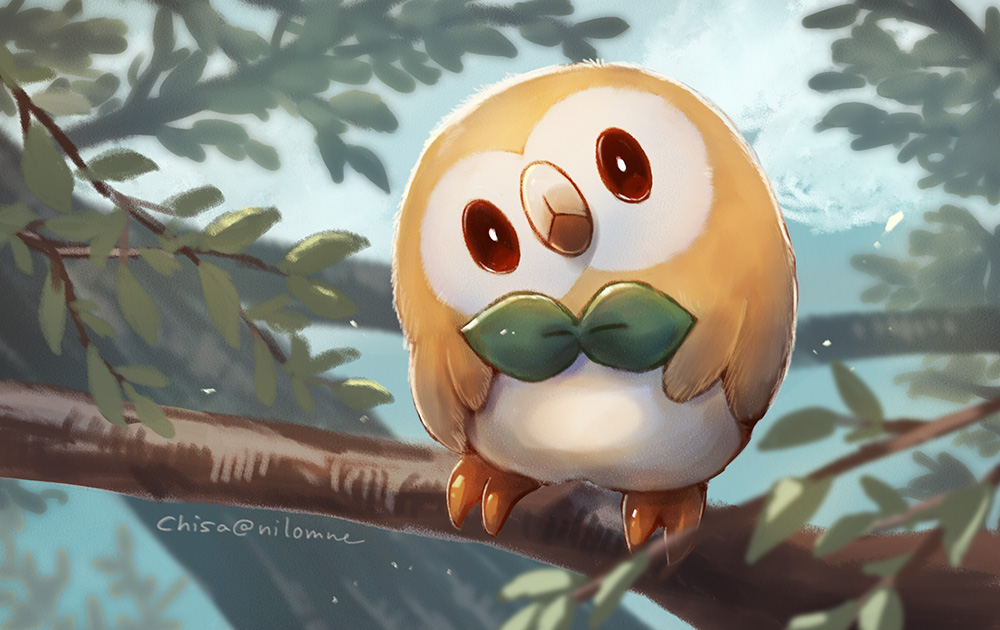 bird blurry closed_mouth commentary_request creature day gen_7_pokemon head_tilt leaf looking_at_viewer momomo12 no_humans outdoors owl pokemon pokemon_(creature) rowlet solo standing starter_pokemon tree_branch twitter_username