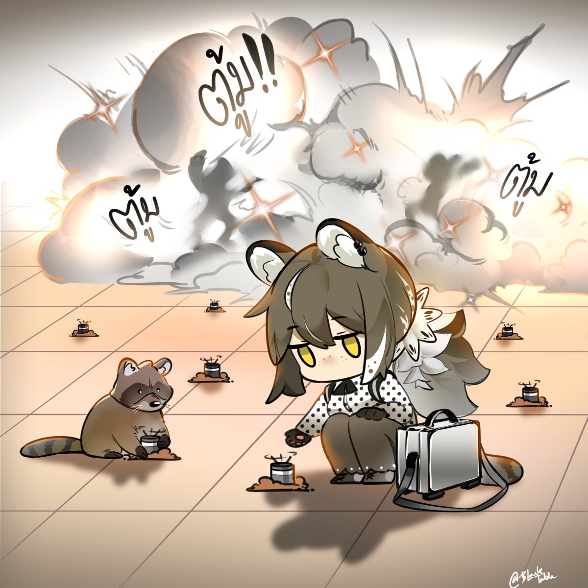 animal animal_ear_fluff animal_ears arknights artist_name black_footwear black_pants black_table brown_hair chibi commentary ear_piercing english_commentary explosion explosive gameplay_mechanics highres long_hair mine_(weapon) pants paws piercing ponytail raccoon raccoon_ears raccoon_girl raccoon_tail robin_(arknights) shirt smoke squatting tail thai_text white_shirt yellow_eyes