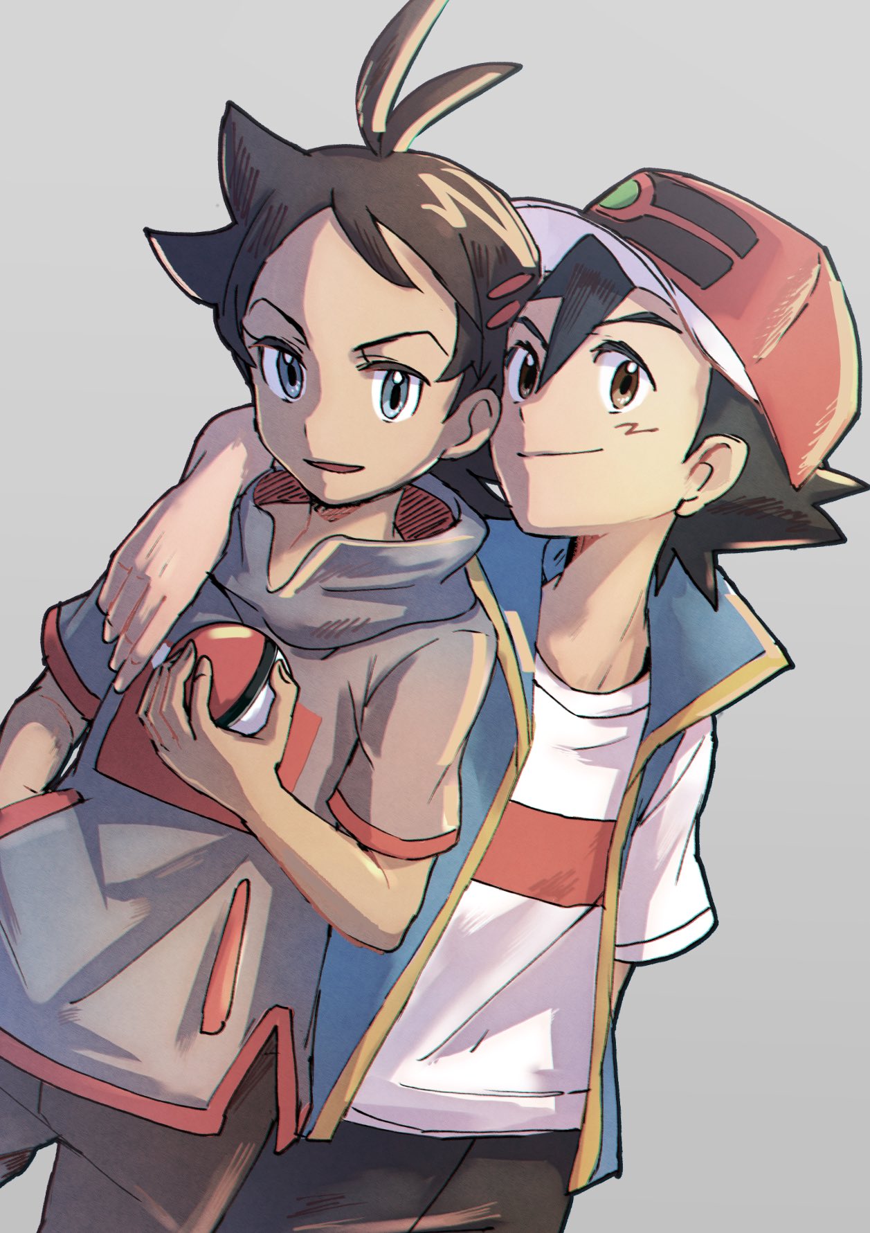 2boys ajc antenna_hair arm_around_shoulder ash_ketchum bangs baseball_cap black_hair brown_hair brown_pants closed_mouth commentary_request eyelashes goh_(pokemon) grey_background grey_eyes grey_shirt hair_between_eyes hand_in_pocket hand_up hat highres holding holding_poke_ball male_focus multiple_boys pants poke_ball pokemon pokemon_(anime) pokemon_swsh_(anime) shirt short_hair short_sleeves sleeveless sleeveless_jacket smile t-shirt white_shirt