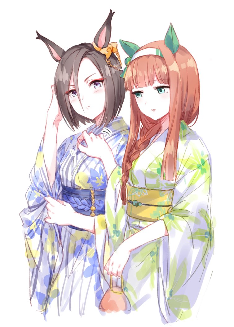 2girls adjusting_sleeves air_groove_(umamusume) black_hair braid clothes_grab commentary_request ear_bow ear_covers japanese_clothes kimono kinchaku long_hair multiple_girls obi pouch redhead romi_(346_ura) sash short_hair sidelocks silence_suzuka_(umamusume) simple_background single_braid umamusume white_background yukata