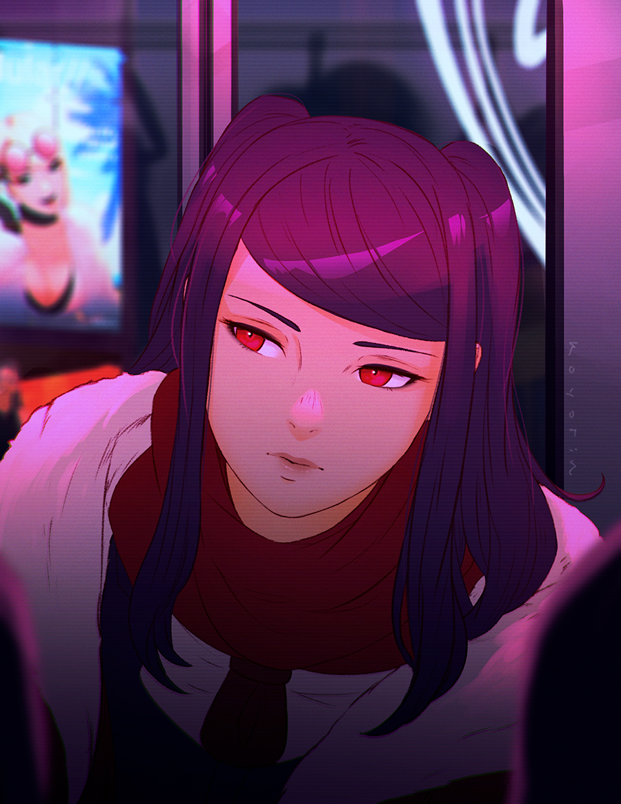 1girl blurry blurry_background closed_mouth facing_viewer jill_stingray koyorin long_hair looking_to_the_side purple_hair red_eyes scarf solo twintails upper_body va-11_hall-a