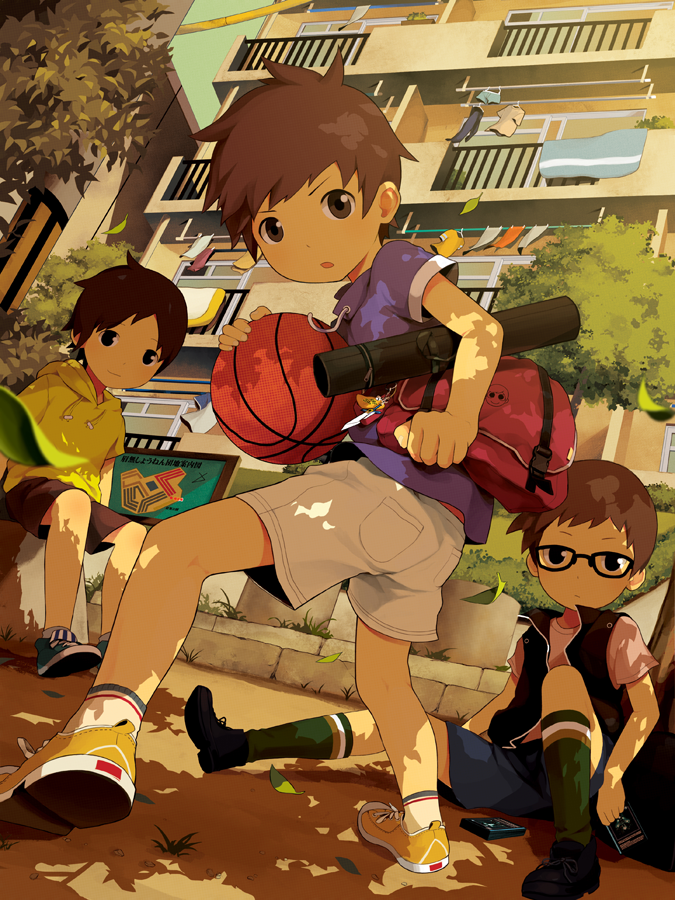3boys bag ball bangs basketball black_eyes brown_eyes brown_hair building child city clothesline expressionless from_behind from_below full_body glasses holding holding_ball hood hoodie keychain knee_up leaf looking_at_viewer looking_back male_focus messenger_bag multiple_boys noeyebrow_(mauve) original outdoors serious shoes short_hair short_sleeves shorts shoulder_bag sitting smile sneakers socks trading_card tree tree_shade utility_pole vest wind