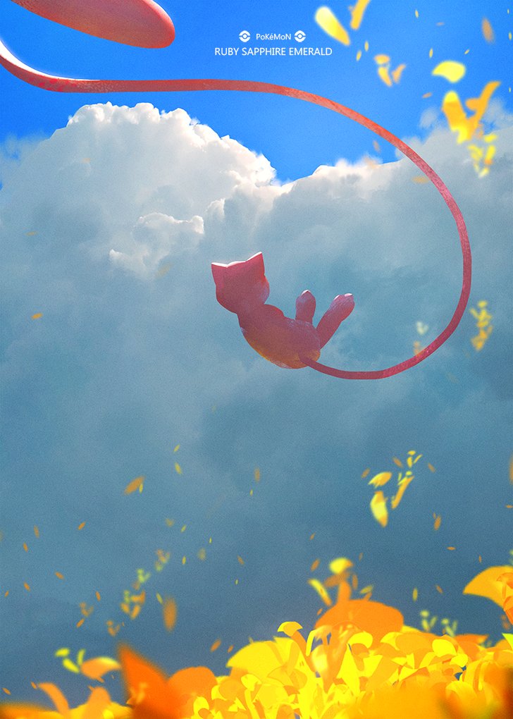 blurry clouds commentary copyright_name creature day floating flower from_below gen_1_pokemon mew mythical_pokemon no_humans orange_flower otsumami_(bu-bu-heaven) outdoors petals poke_ball_symbol pokemon pokemon_(creature) sky solo yellow_flower