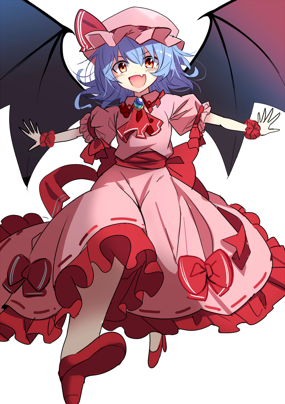 1girl :d ascot back_bow bangs bat_wings blue_hair blush bow breasts brooch commentary_request dress dress_bow e.o. eyebrows_visible_through_hair fang foreshortening frilled_shirt_collar frills full_body hair_between_eyes hat hat_ribbon high_heels highres jewelry looking_at_viewer medium_hair mob_cap open_mouth orange_eyes outstretched_arms perspective petticoat pink_dress pink_headwear puffy_short_sleeves puffy_sleeves red_bow red_footwear red_neckwear red_ribbon remilia_scarlet ribbon short_sleeves simple_background sketch skin_fang small_breasts smile solo touhou v-shaped_eyebrows white_background wings wrist_cuffs
