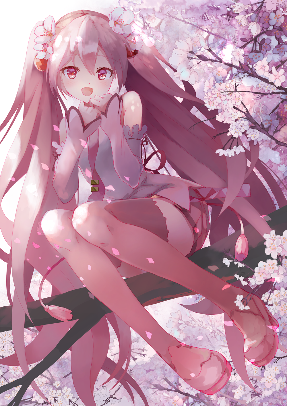 1girl bare_shoulders cherry_blossoms commentary detached_sleeves falling_petals flower full_body hair_flower hair_ornament hands_together hatsune_miku highres long_hair looking_at_viewer miniskirt necktie open_mouth petals pink_eyes pink_flower pink_hair pink_legwear pink_neckwear pink_skirt pink_sleeves pink_theme pleated_skirt romaji_commentary sakura_miku shirt sitting_on_branch skirt sleeveless sleeveless_shirt smile solo takepon1123 tassel thigh-highs tree twintails very_long_hair vocaloid white_shirt zettai_ryouiki