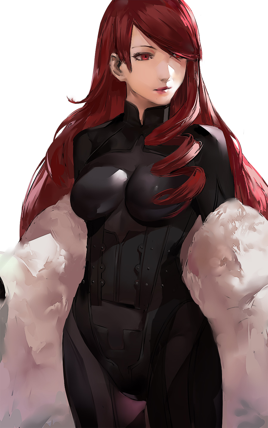 1girl asymmetrical_hair bangs black_bodysuit blazpu bodysuit breasts closed_mouth commentary cowboy_shot drill_hair english_commentary expressionless fur_coat highres kirijou_mitsuru lips lipstick long_hair makeup medium_breasts parted_bangs persona persona_3 red_eyes red_lips redhead side_drill simple_background skin_tight solo white_background