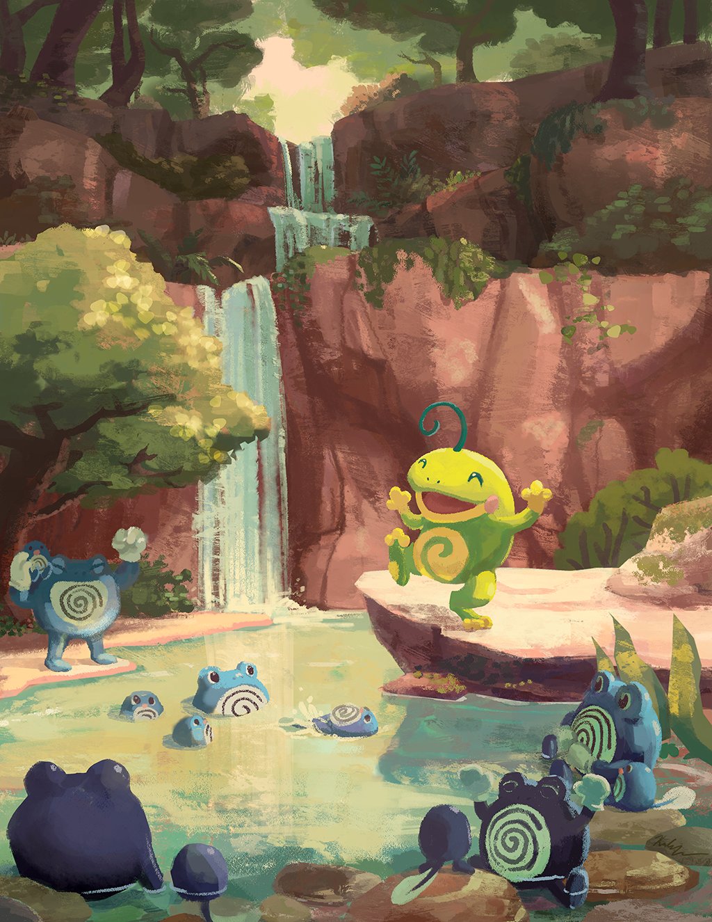afloat black_eyes bush closed_eyes commentary day english_commentary evolutionary_line gen_1_pokemon gen_2_pokemon happy highres karlen_tam leaf leg_up moss no_humans open_mouth outdoors pokemon pokemon_(creature) politoed poliwag poliwhirl poliwrath pool rock sitting smile standing standing_on_one_leg swimming tongue tree water waterfall |d