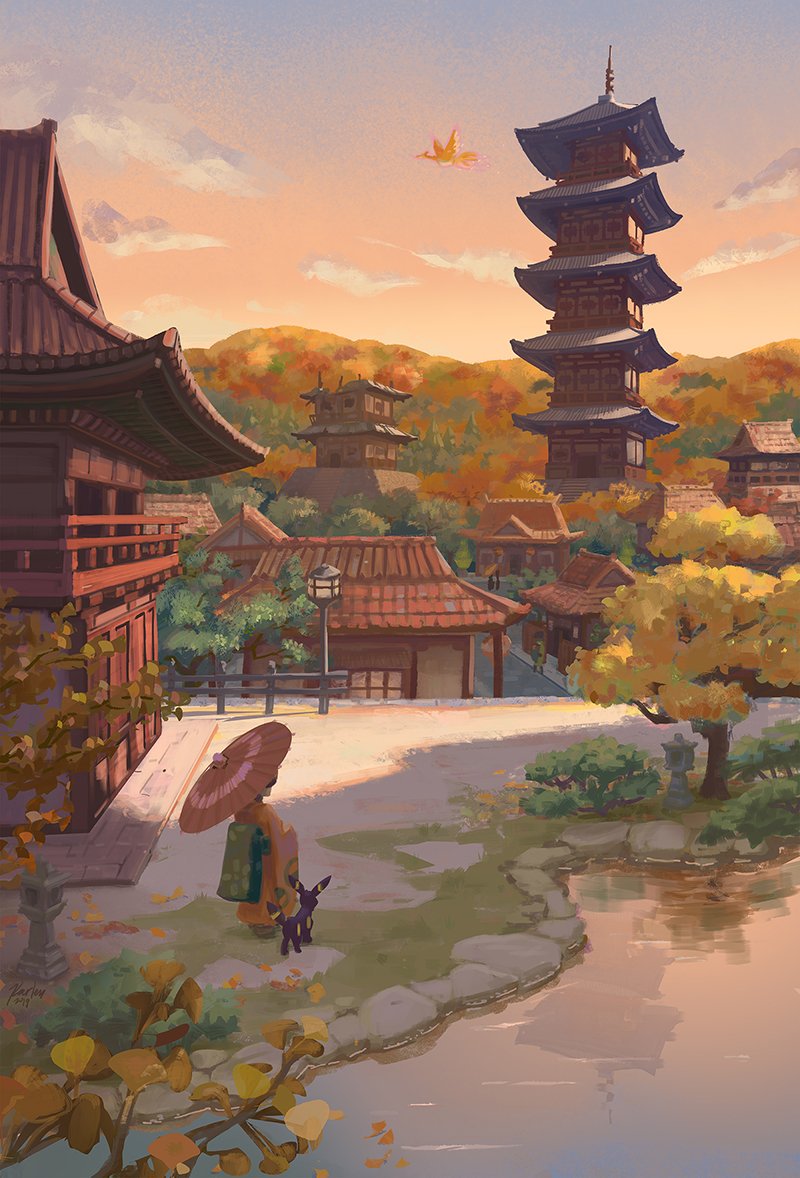 1girl bird building clouds commentary commission day ecruteak_city english_commentary floral_print gen_2_pokemon ho-oh japanese_clothes karlen_tam kimono lamppost leaf legendary_pokemon oil-paper_umbrella orange_kimono outdoors pokemon pokemon_(creature) pond rock signature sky standing tower tree twilight umbrella umbreon water wide_sleeves