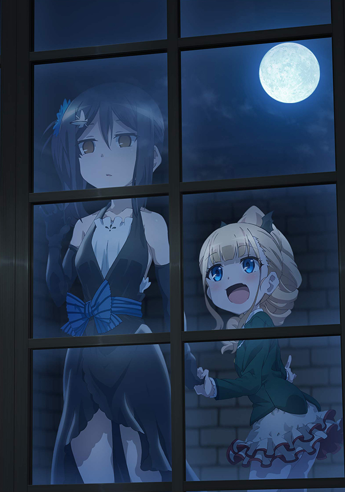 2girls :d alternate_costume bare_shoulders black_dress black_hair blank_eyes blue_eyes bow breasts brown_eyes dress elbow_gloves erica_ainsworth fate/kaleid_liner_prisma_illya fate_(series) from_outside full_moon gloves hair_ornament hairclip indoors long_hair looking_through_window miniskirt miyu_edelfelt moon multiple_girls night official_art open_mouth parted_lips ribbon sidelocks skirt small_breasts smile through_window window