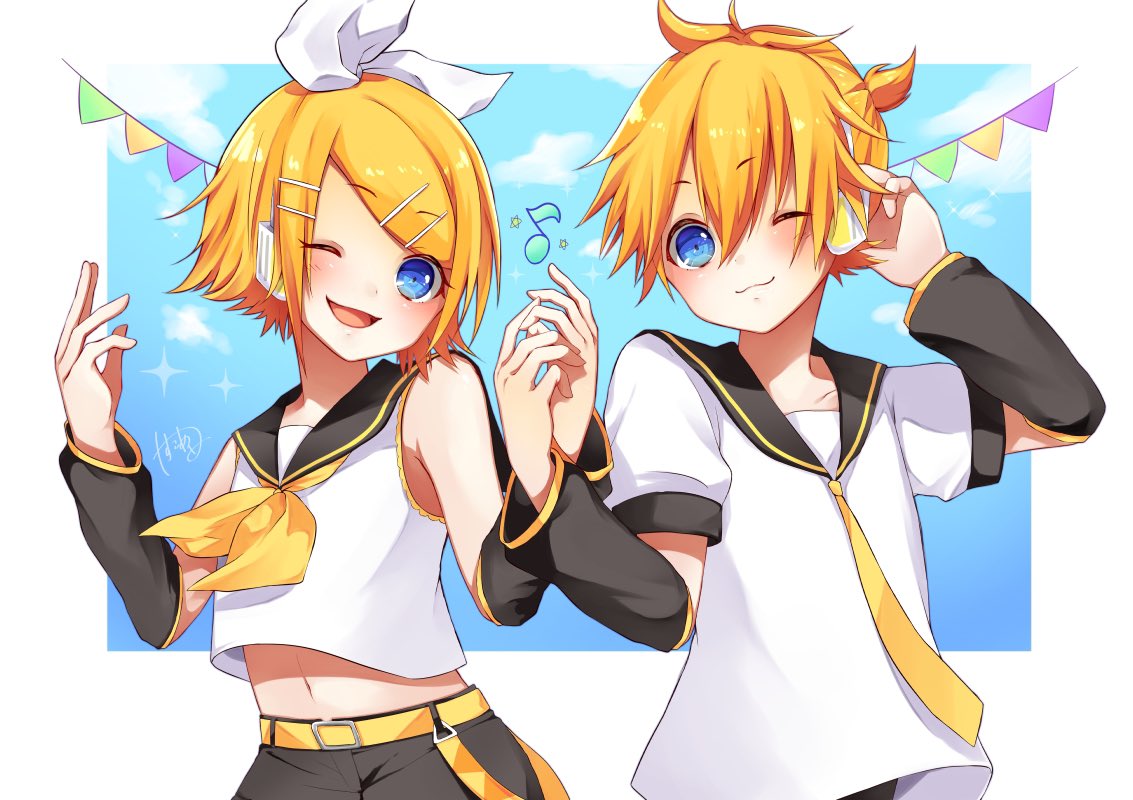1boy 1girl :3 arm_warmers bangs bare_shoulders belt black_collar black_shorts blonde_hair blue_eyes bow collar commentary contrapposto crop_top hair_bow hair_ornament hairclip headphones holding_hands kagamine_len kagamine_rin light_blush looking_at_viewer neckerchief necktie open_mouth sailor_collar school_uniform shirt short_hair short_ponytail short_sleeves shorts side-by-side signature sky sleeveless sleeveless_shirt smile sparkle spiky_hair string_of_flags swept_bangs upper_body vocaloid white_bow white_shirt yasuko_ame yellow_neckwear