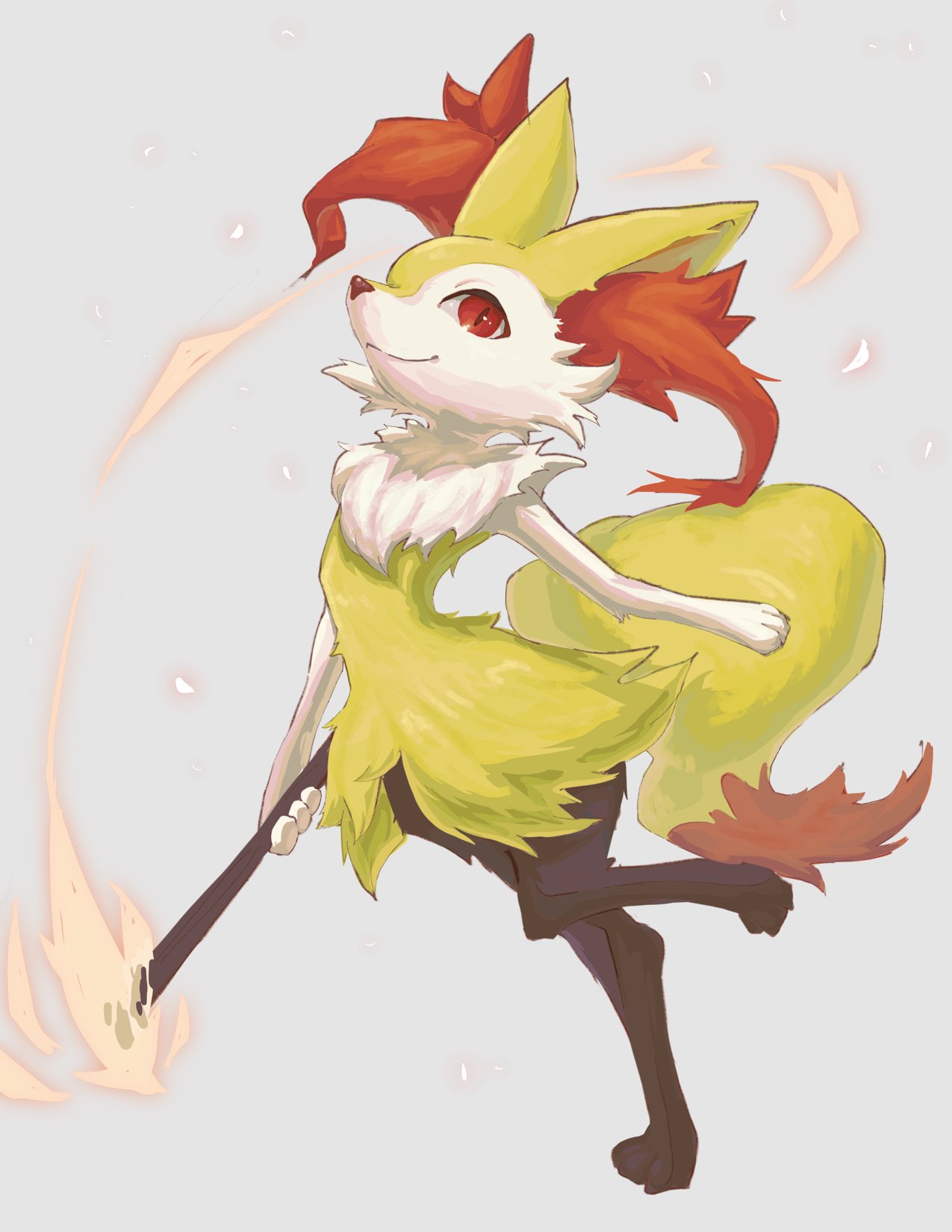 animal_ear_fluff braixen closed_mouth commentary_request fire full_body gen_6_pokemon grey_background highres holding holding_stick leg_up nashimochi_4 pokemon pokemon_(creature) red_eyes simple_background smile solo standing standing_on_one_leg stick white_fur yellow_fur