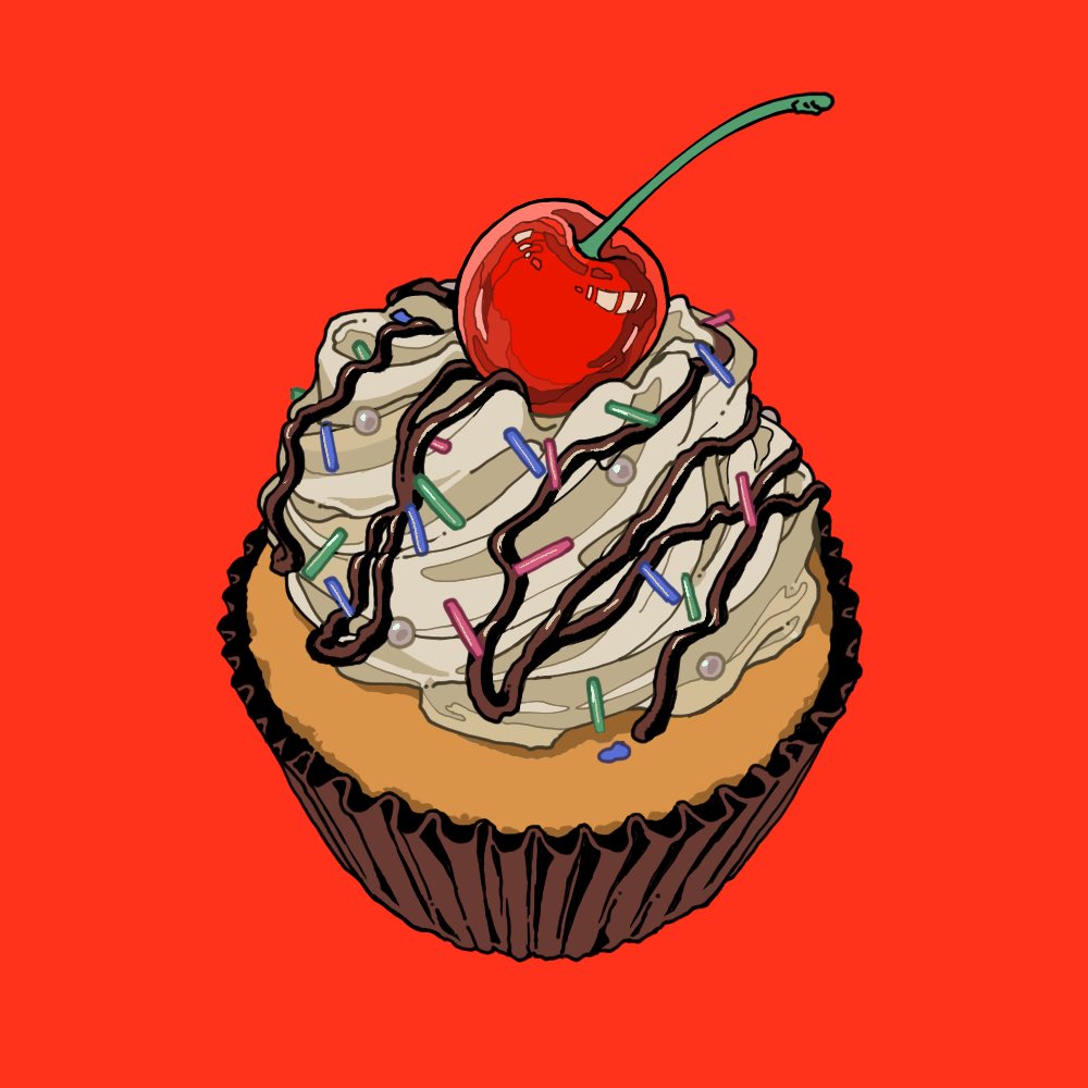 cherry cupcake dessert food food_focus fruit icing minillustration no_humans original red_background shadow simple_background sprinkles