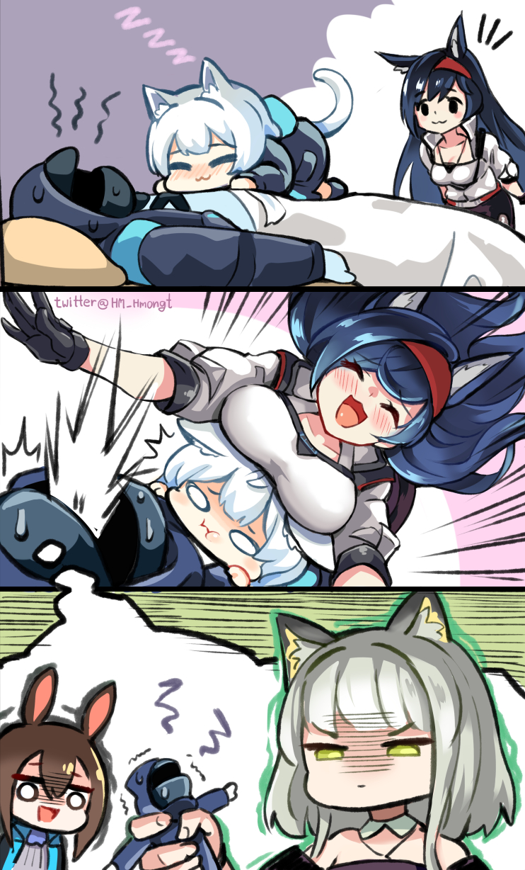 0_0 1other 4girls :3 ^_^ amiya_(arknights) animal_ear_fluff animal_ears arknights ascot black_gloves black_hair black_jacket black_legwear blaze_(arknights) blue_neckwear blush breast_rest breasts breasts_on_head cat_ears cat_girl cat_tail character_doll closed_eyes commentary detached_collar doctor_(arknights) english_commentary gloves green_hair hair_between_eyes highres hm_(hmongt) jacket kal'tsit_(arknights) large_breasts lying lying_on_person lynx_ears multiple_girls off_shoulder on_back on_stomach open_clothes open_jacket rosmontis_(arknights) shirt sleeping sleeping_on_person solid_circle_eyes solid_oval_eyes spitting sweatdrop tail twitter_username unamused white_hair white_shirt zzz