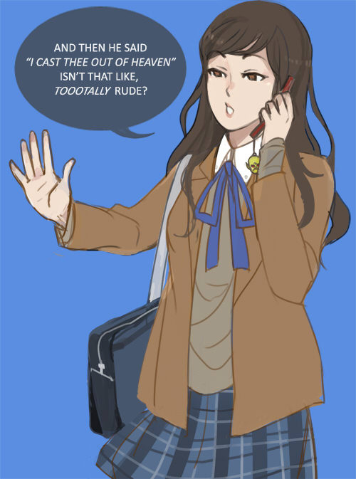 1girl artist_request blazer brown_eyes brown_hair cellphone collared_shirt flip_phone hikaru_(shin_megami_tensei_iv) jacket long_hair phone ribbon school_uniform serafuku shin_megami_tensei shin_megami_tensei_iv shirt skirt solo spoilers