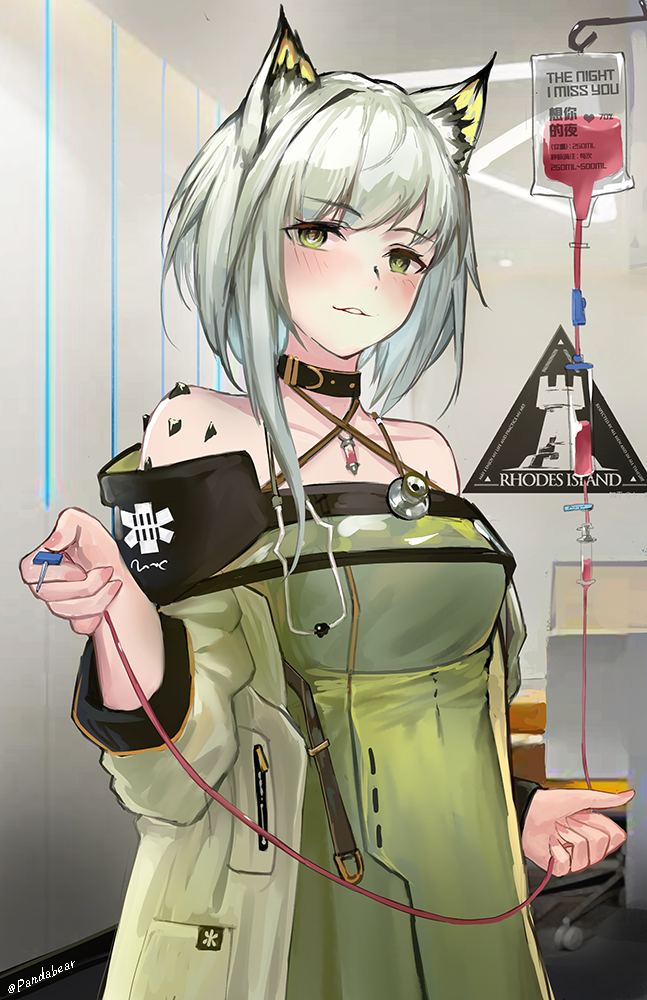 1girl animal_ear_fluff animal_ears arknights bangs bare_shoulders black_choker breasts chinese_commentary choker commentary_request criss-cross_halter dress eyebrows_visible_through_hair green_dress green_eyes halterneck holding kal'tsit_(arknights) long_sleeves looking_at_viewer lynx_ears off-shoulder_dress off_shoulder oripathy_lesion_(arknights) parted_lips rhodes_island_logo short_hair silver_hair small_breasts solo stethoscope upper_body wuguno_ziran_juan