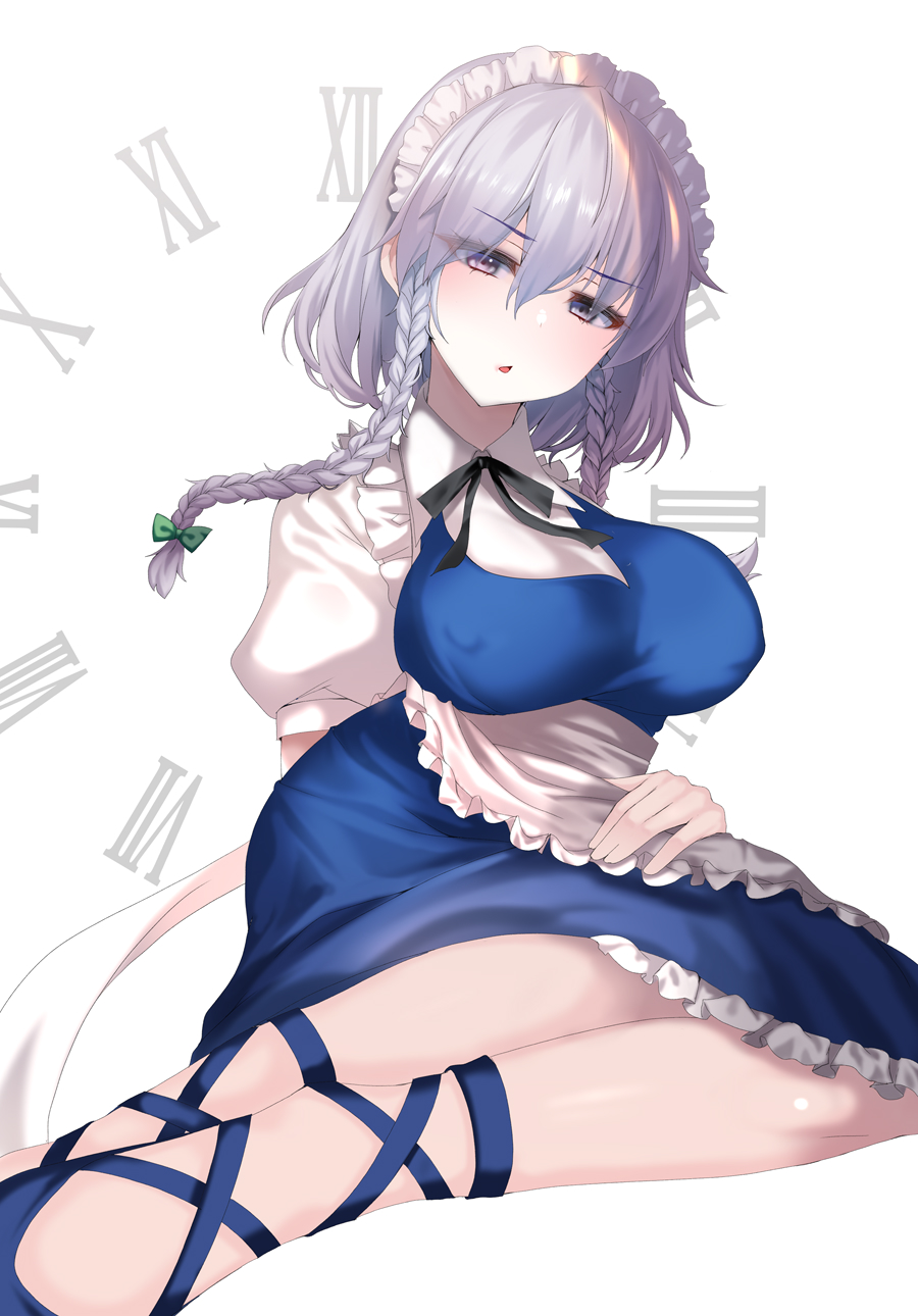 1girl apron arm_behind_back arm_support bangs black_neckwear black_ribbon blue_dress blush bow braid breasts clock commentary_request covered_nipples dress eyebrows_visible_through_hair eyes_visible_through_hair green_bow hair_between_eyes hair_bow hair_ribbon head_tilt highres izayoi_sakuya large_breasts looking_at_viewer maid_headdress nose_blush okuri_banto parted_lips perspective petticoat puffy_short_sleeves puffy_sleeves ribbon short_hair_with_long_locks short_sleeves side_braids silver_hair simple_background sitting solo touhou tress_ribbon twin_braids violet_eyes waist_apron white_apron white_background white_headwear yokozuwari