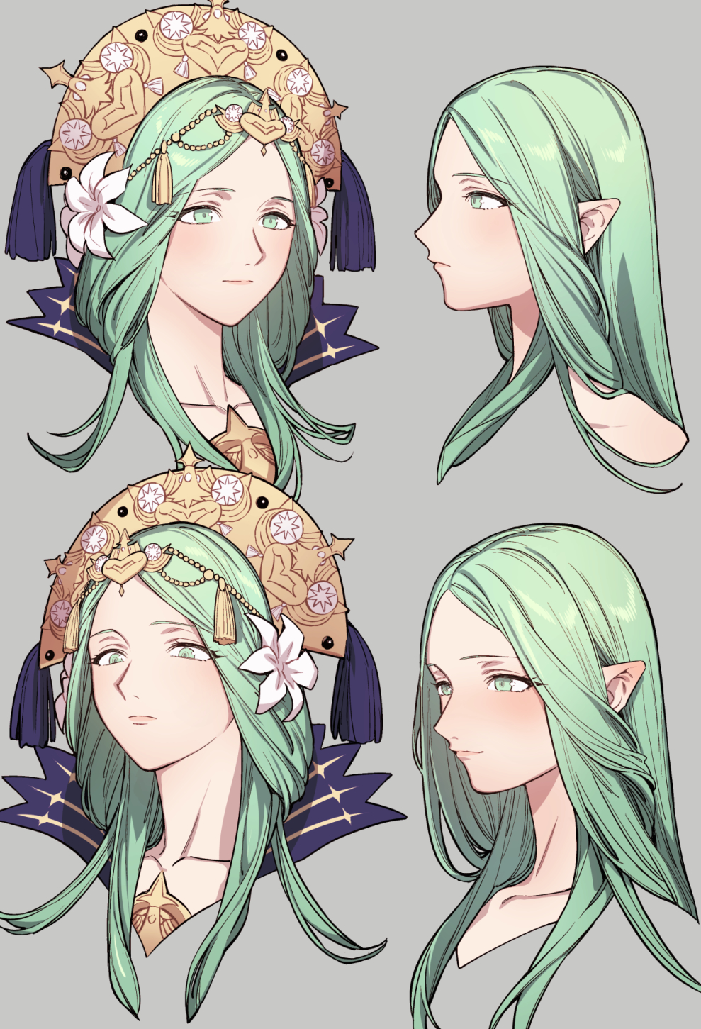 1girl blush closed_mouth cropped_shoulders crown fire_emblem fire_emblem:_three_houses flower green_eyes green_hair hair_flower hair_ornament high_collar highres ikarin jewelry lips long_hair multiple_views pointy_ears rhea_(fire_emblem) tassel white_flower