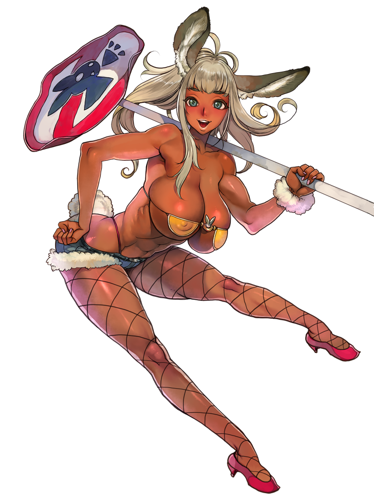 1girl abs animal_ears bangs bikini bikini_top blue_eyes breasts bunny_tail carrying_over_shoulder covered_nipples dairoku_youhei dark-skinned_female dark_skin f.s. fishnet_legwear fishnets floating_hair full_body high_heels holding holding_sign huge_breasts long_hair looking_at_viewer micro_shorts official_art open_mouth photoshop_(medium) pink_nails rabbit_ears shorts sign silver_hair solo swimsuit tail transparent_background